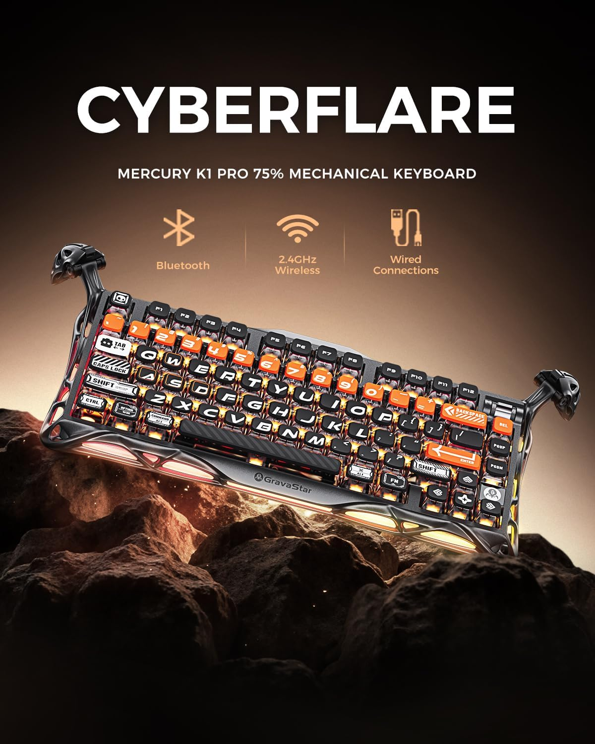 GravaStar Mercury K1 Pro 75% Wireless Mechanical Gaming Keyboard - Cyber Flare GravaStar Mercury K1 Pro 75% Wireless Mechanical Gaming Keyboard - Cyber Flare